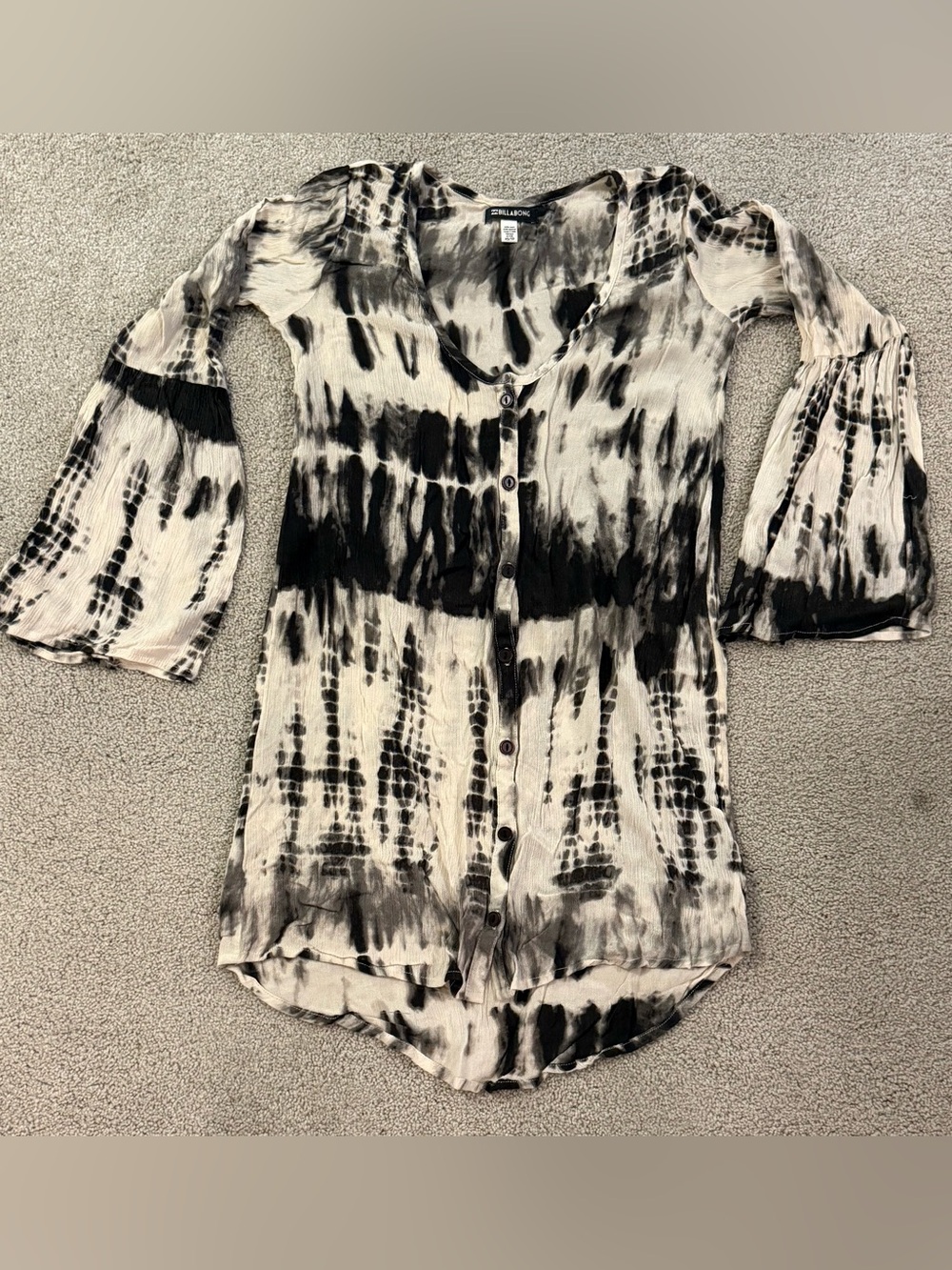 Billabong Women’s XS Swim Coverup Dress Crinkle Gauze Tie Dye Black Cream